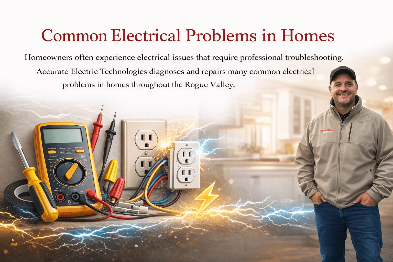 Electrician from Accurate Electric Technologies standing beside electrical tools and outlet troubleshooting graphic for Rogue Valley homeowners