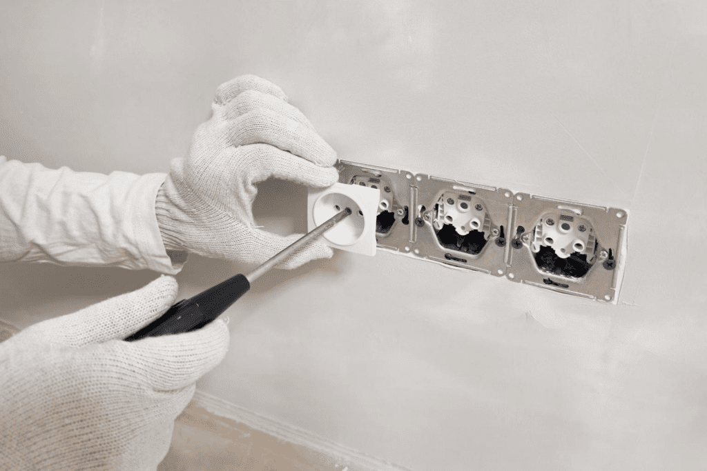 Medford electrician installing GFCI outlet in residential wall