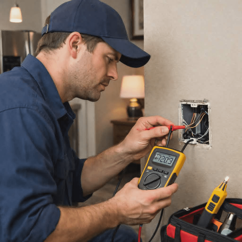 Electrician diagnosing electrical wiring problem with multimeter during residential electrical troubleshooting