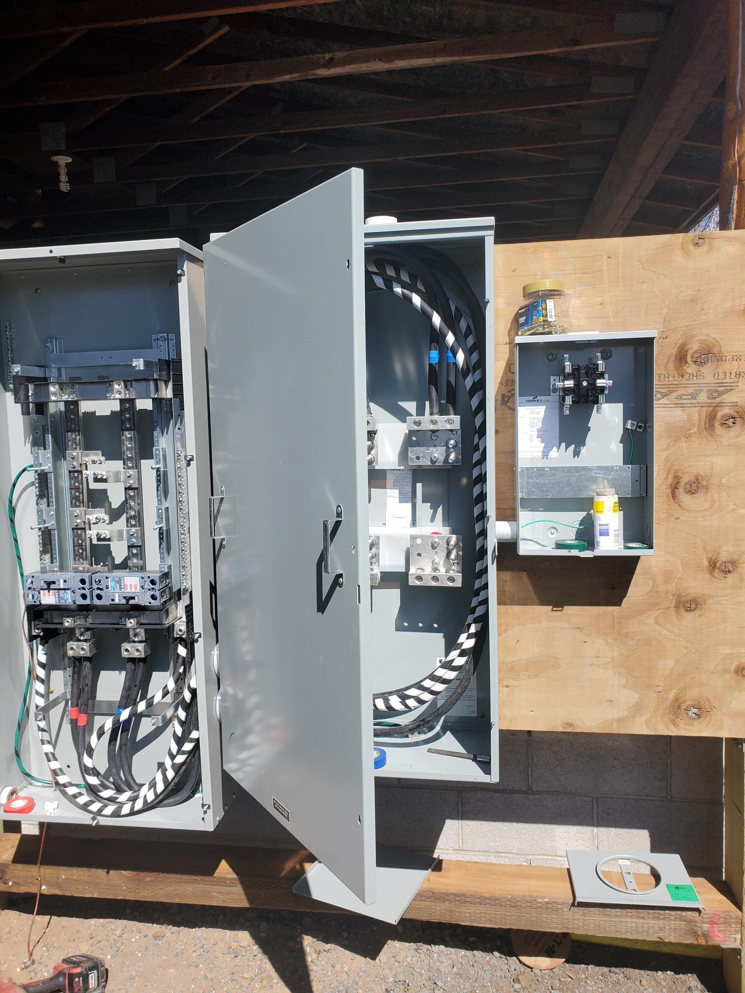 Open electrical service panel with organized branch-circuit wiring