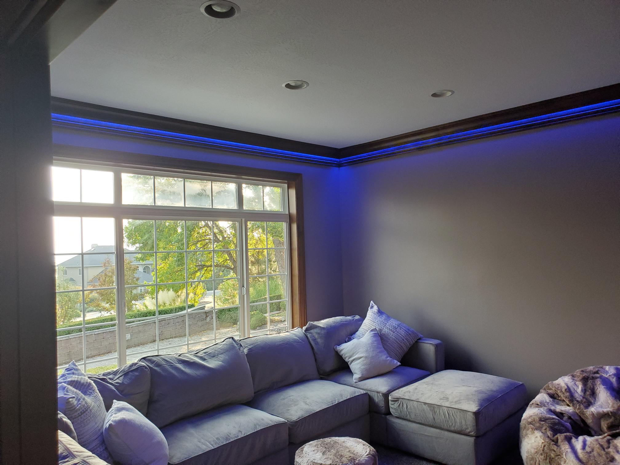LED accent lighting and recessed lights in a living room